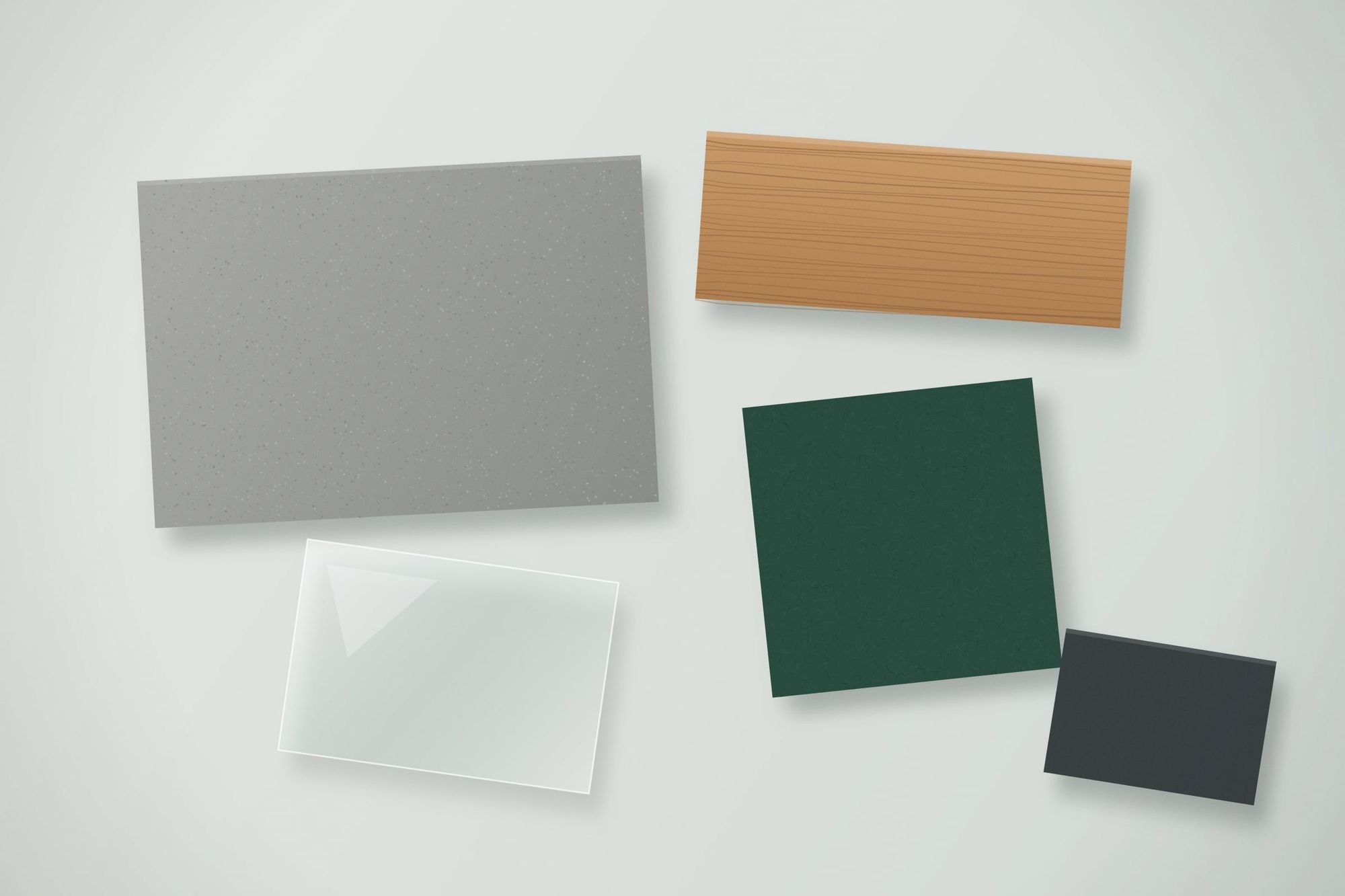 Illustration of material samples on a table: a grey stone slab, a timber block, a green wool felt swatch, a slate tile and a glass pane.