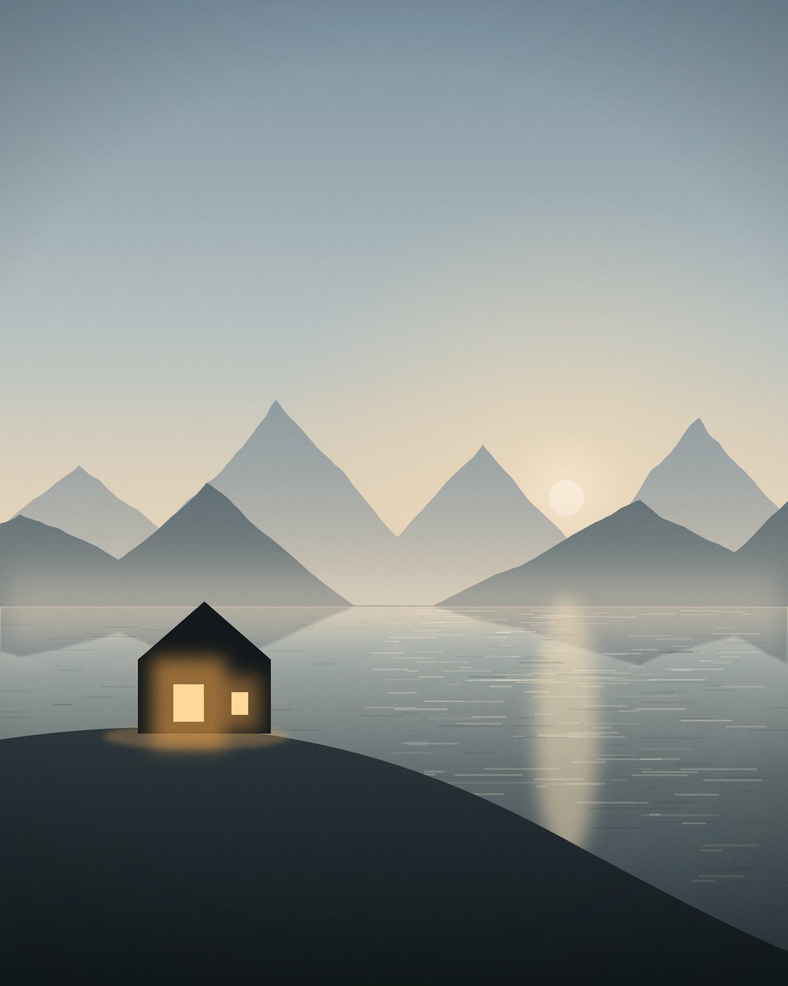 Illustration of a small dark cabin with warm lit windows on a headland above a fjord at dusk, with mountains and a low sun behind.