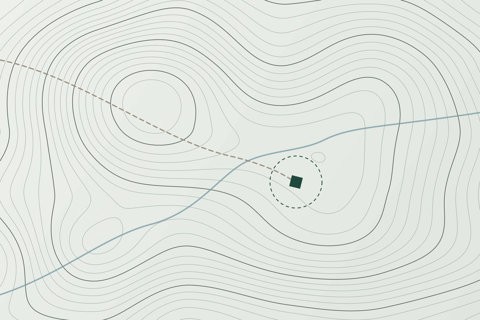 Topographic map illustration with contour lines, a stream, a dashed path and a square marking a building site.