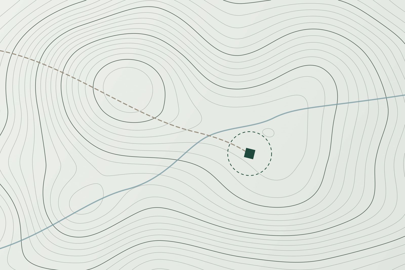 Topographic map illustration with contour lines, a stream, a dashed path and a square marking a building site.