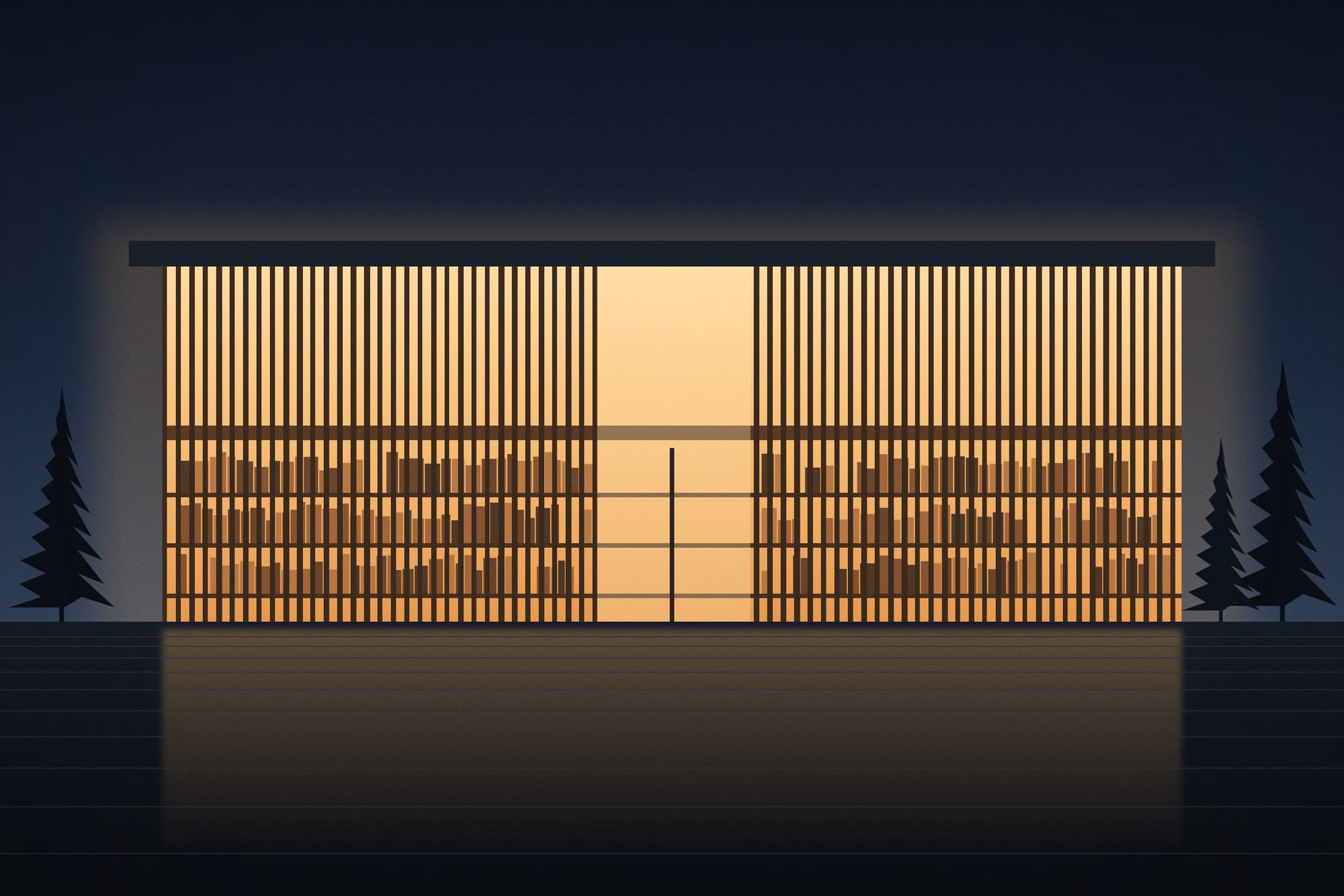 Illustration of a long library building at night, its glass facade glowing warm behind vertical timber slats, with bookshelves visible inside.