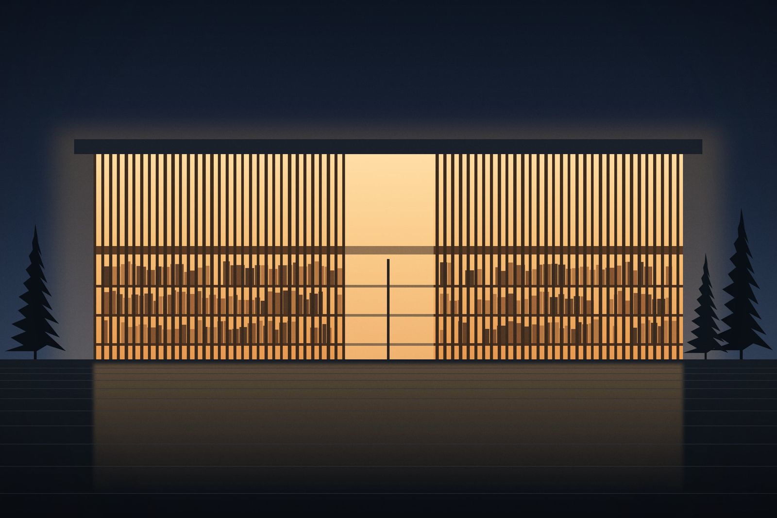 Illustration of a long library building at night, its glass facade glowing warm behind vertical timber slats, with bookshelves visible inside.