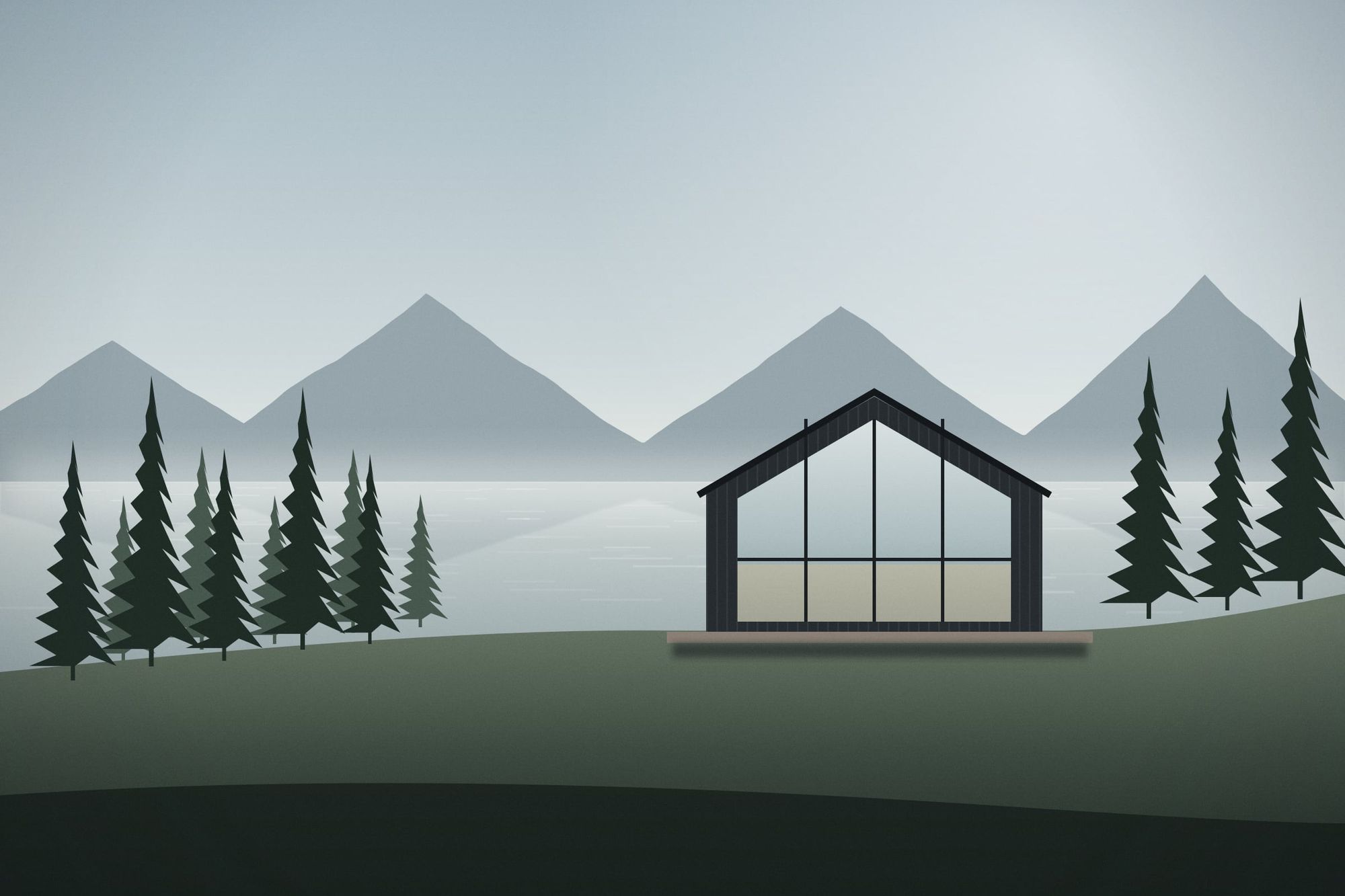 Illustration of a dark timber house with a fully glazed gable end on a green slope above a fjord, with spruce trees on both sides.