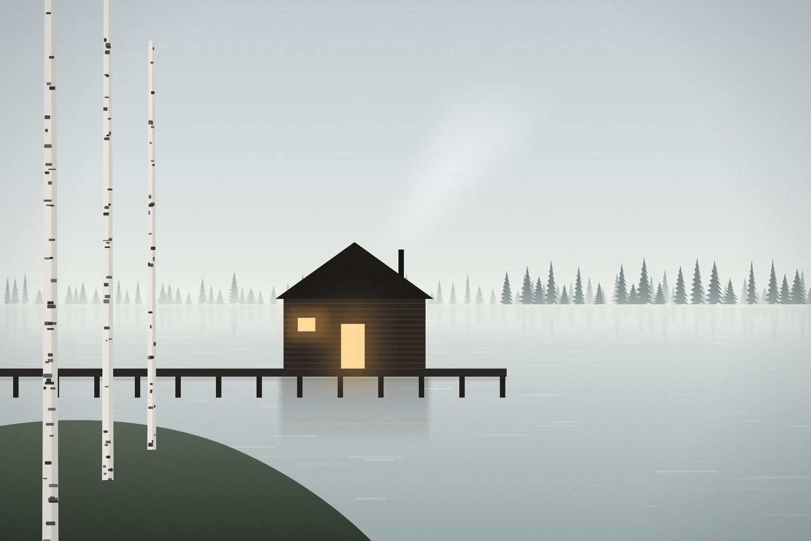Illustration of a small dark timber boathouse with a lit door on a long pier over a misty lake, with birch trunks in the foreground.