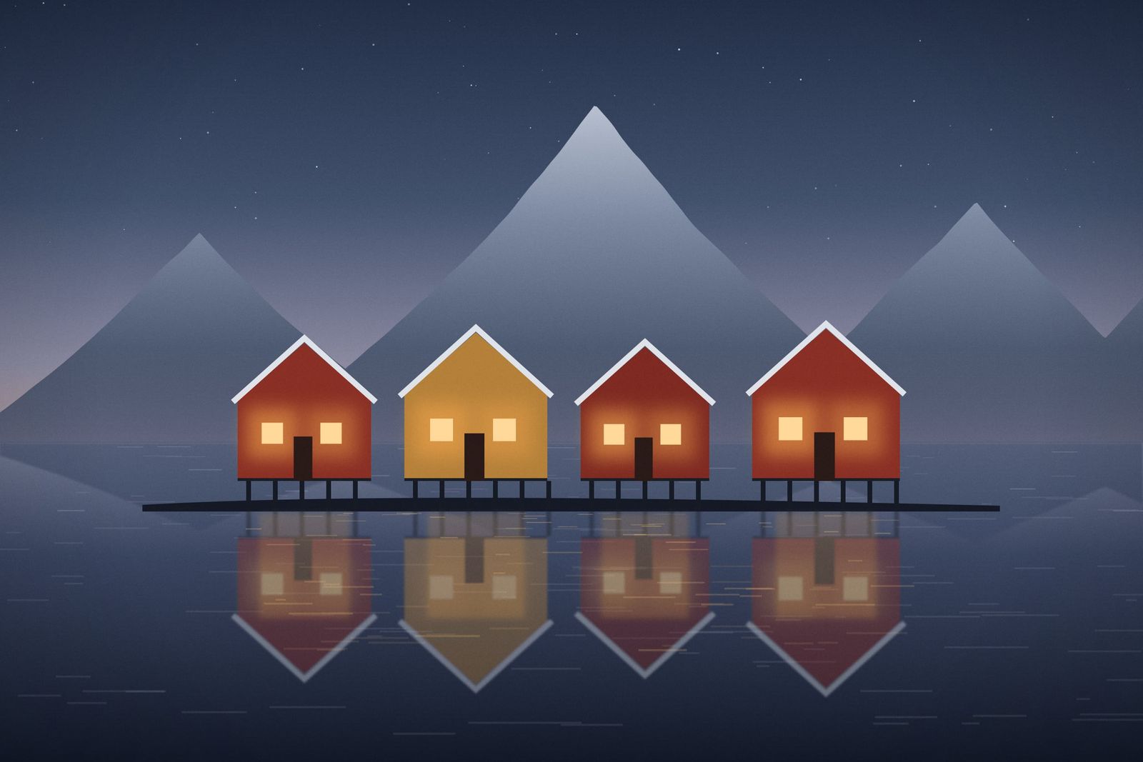 Illustration of four red and ochre cabins on stilts above calm water at twilight, with lit windows and a steep snowy mountain behind.
