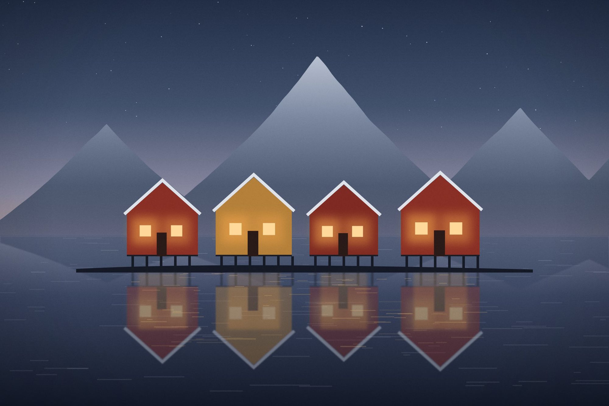 Illustration of four red and ochre cabins on stilts above calm water at twilight, with lit windows and a steep snowy mountain behind.
