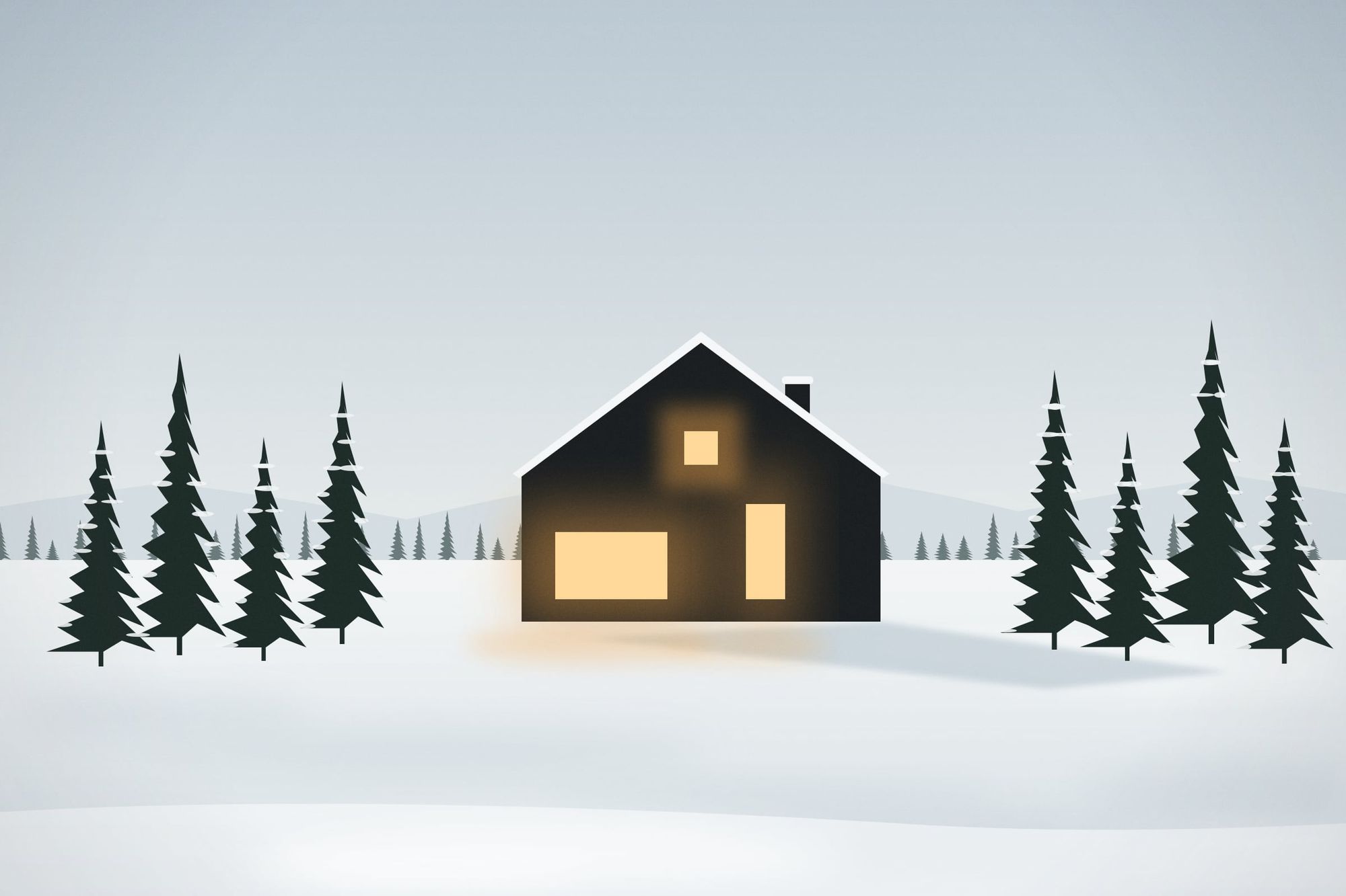Illustration of a black timber house with warm lit windows in a snowy clearing between spruce trees.