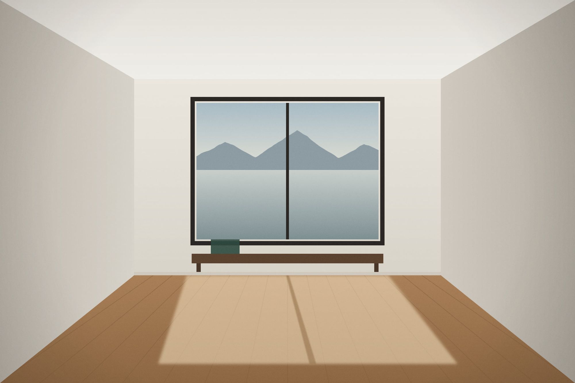 Illustration of an empty room with a large window towards a fjord and low sunlight falling across an oak floor.